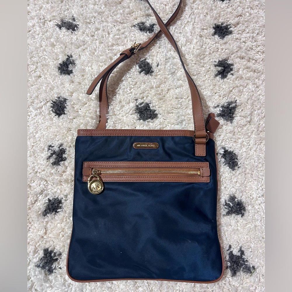 Michael Kors Kempton nylon crossbody in navy w/ brown leather and gold hardware